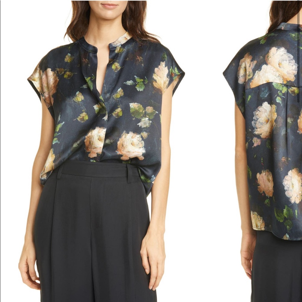 SOLD Vince painted rose silk split neck top